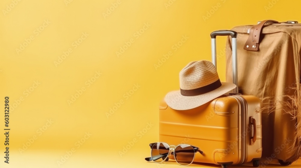 Suitcase with Sun Hat on yellow background. Illustration AI Generative