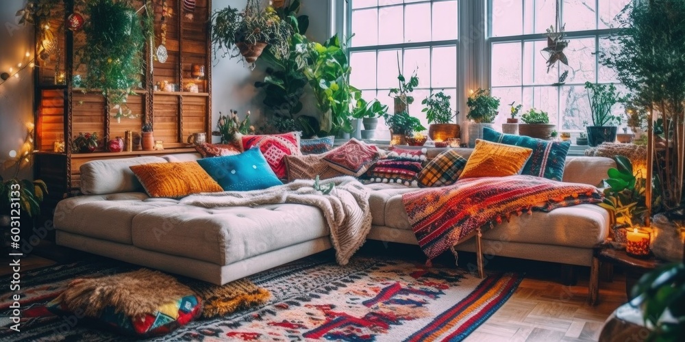 Bohemian style living room with christmas decoration Illustration AI Generative.