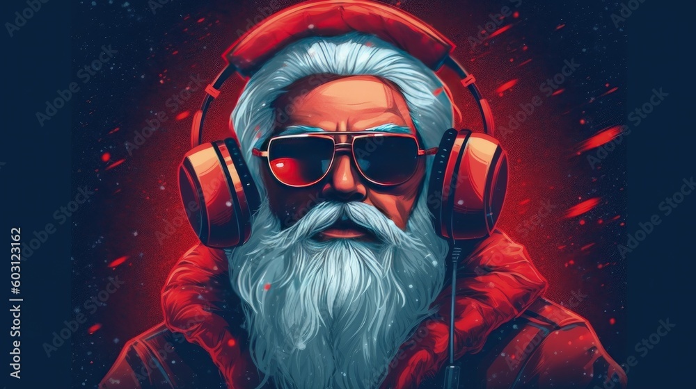 Cool Santa DJ. Illustration AI Generative.