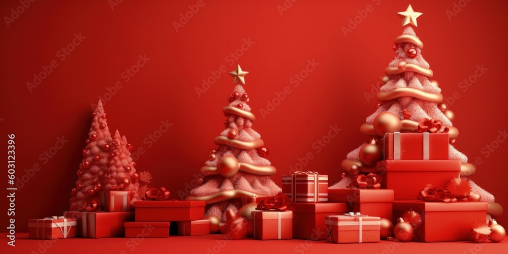 Christmas tree, gifts, balls, decoration  Illustration AI Generative.