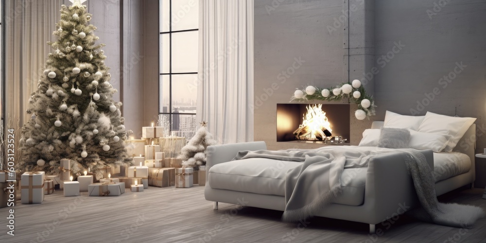 Modern living room with Christmas decoration. Illustration AI Generative.