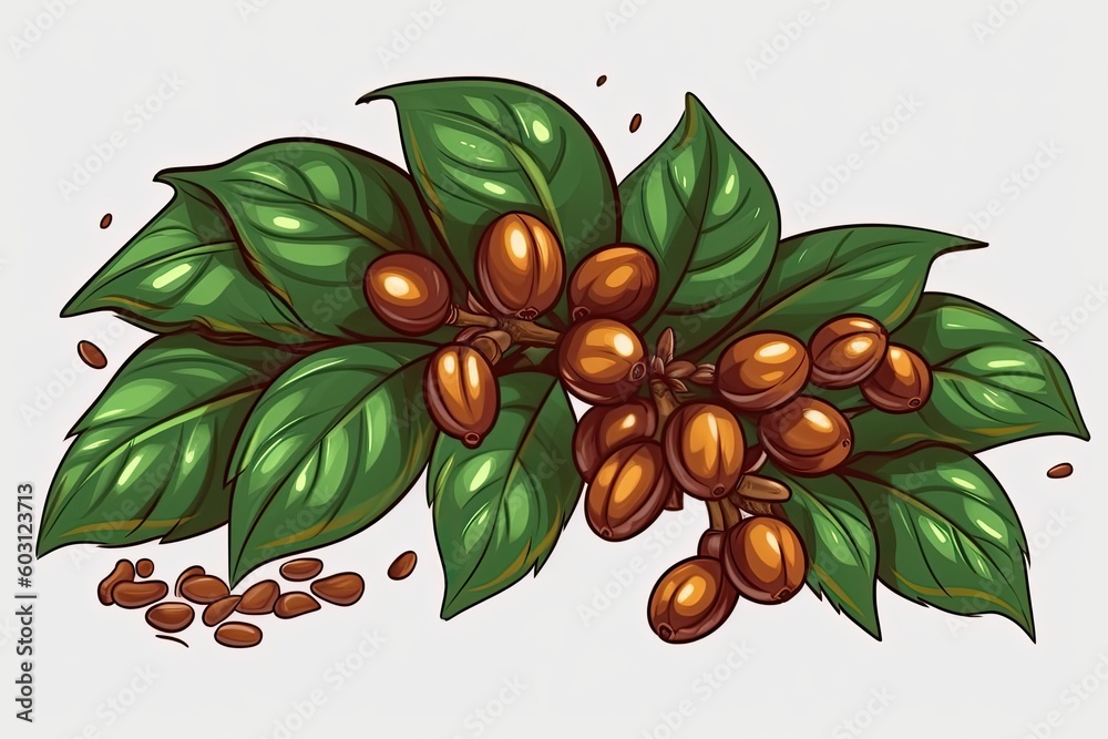 coffee beans and leaves on a white background Generative AI