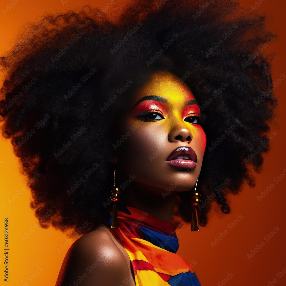 Portrait of young afro woman with bright make-up Illustration AI Generative