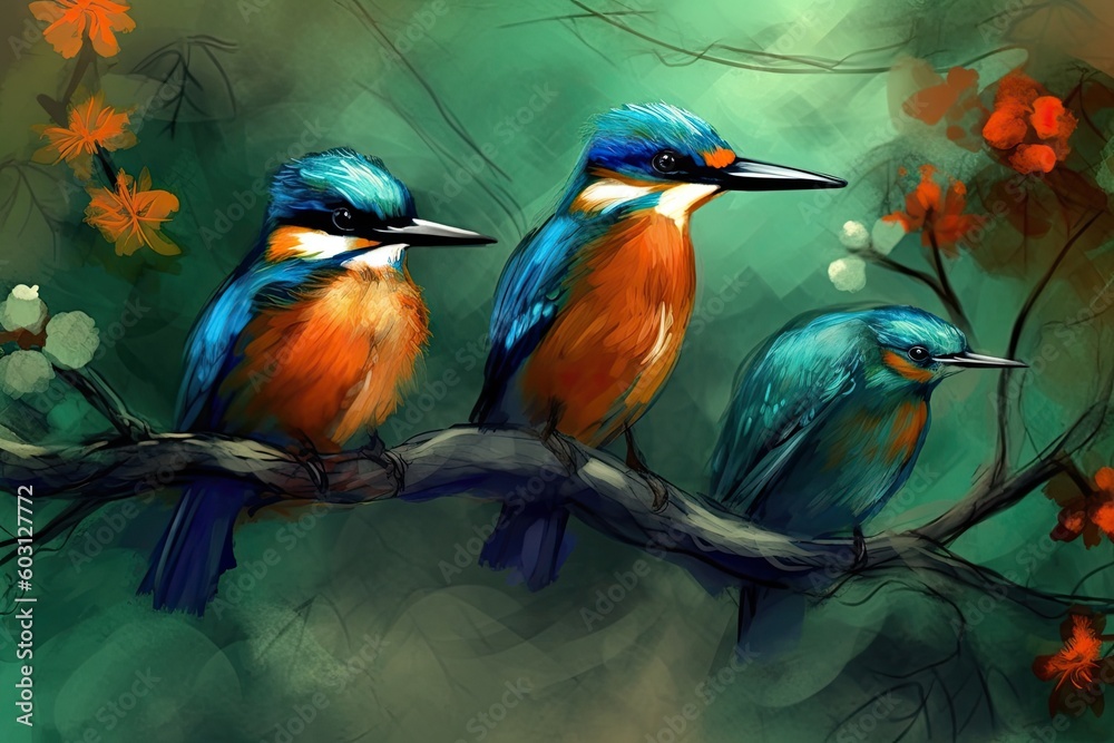 three birds perched on a branch Generative AI