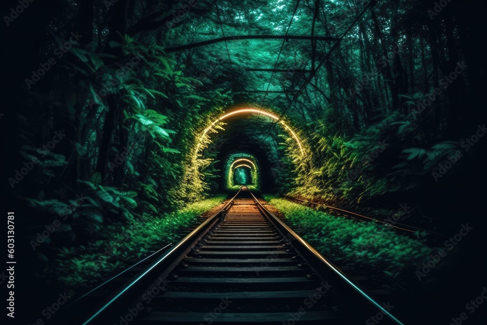 train track passing through a dark and mysterious tunnel in the midst of a dense forest Generative A