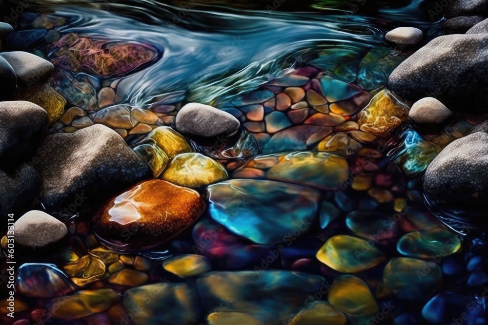 serene stream flowing through rocky terrain in a landscape painting Generative AI