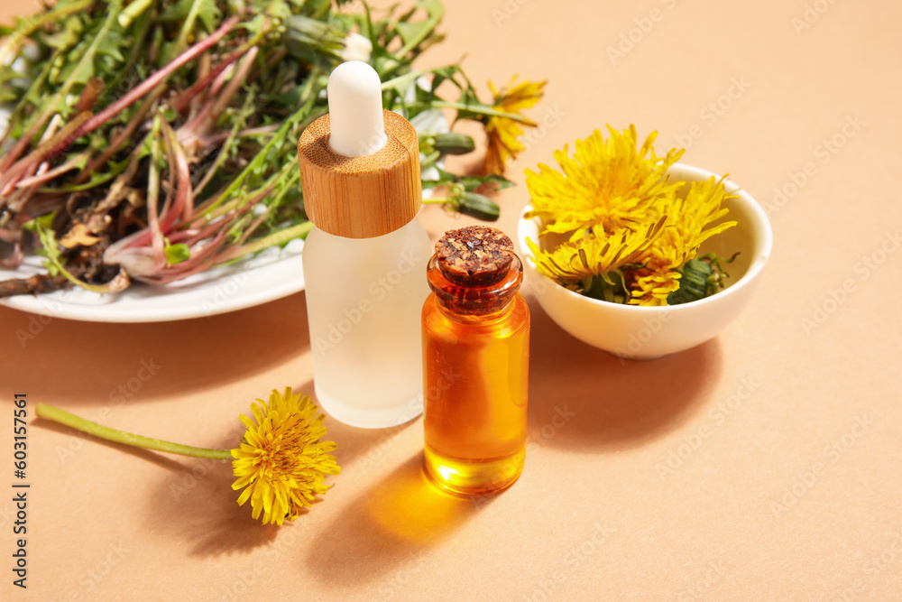 Bottles with cosmetic oil and plate of dandelion flowers on orange background