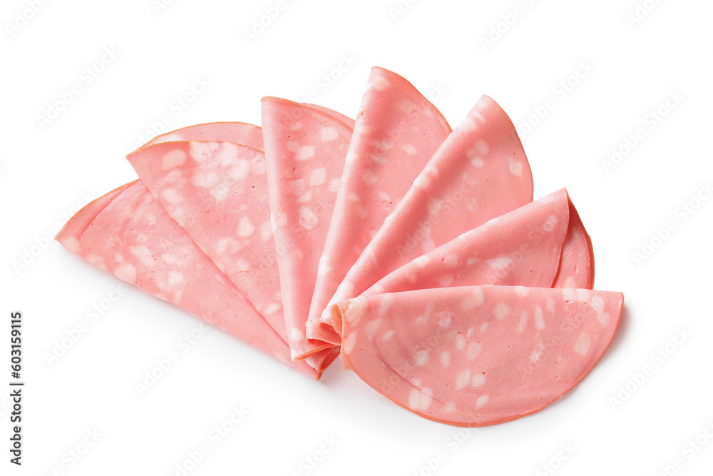 Slices of tasty boiled sausage on white background