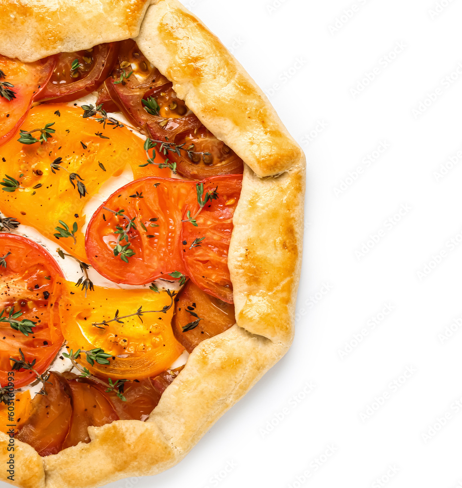 Tasty tomato galette on white background