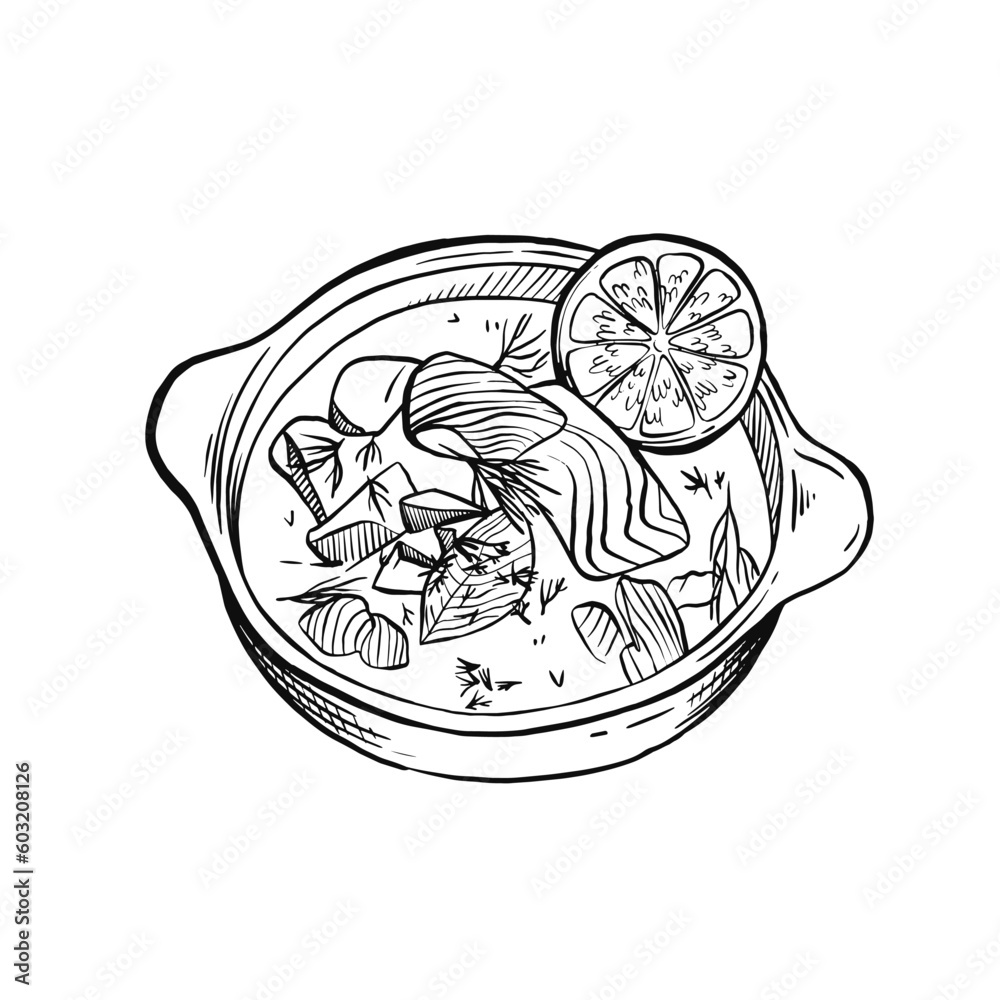 Tasty fish soup in pot on white background