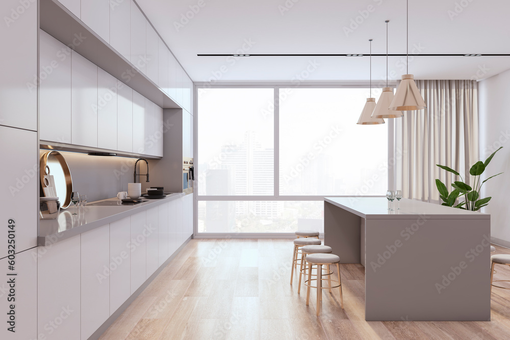 Modern luxury bright kitchen interior with wooden floor and window with city view. 3D Rendering.