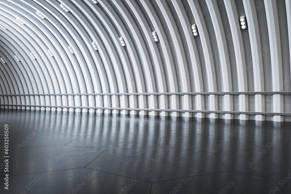 Perspective view on abstract spacious area with blank dark grey glossy floor with place for car or p