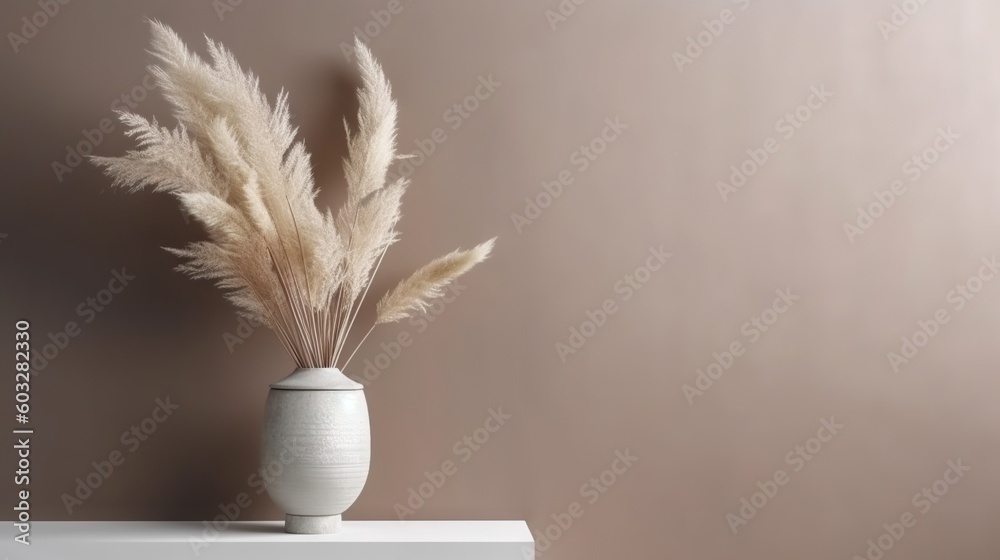 Vase with decorative dry plant branch against beige wall background. Minimalist interior mockup. Gen