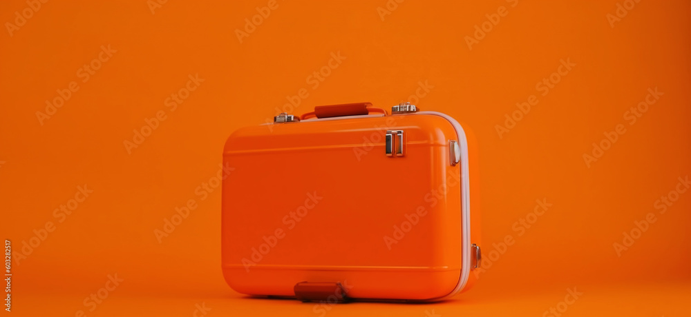 Orange travel suitcase, on orange background. Trip concept. Generative AI