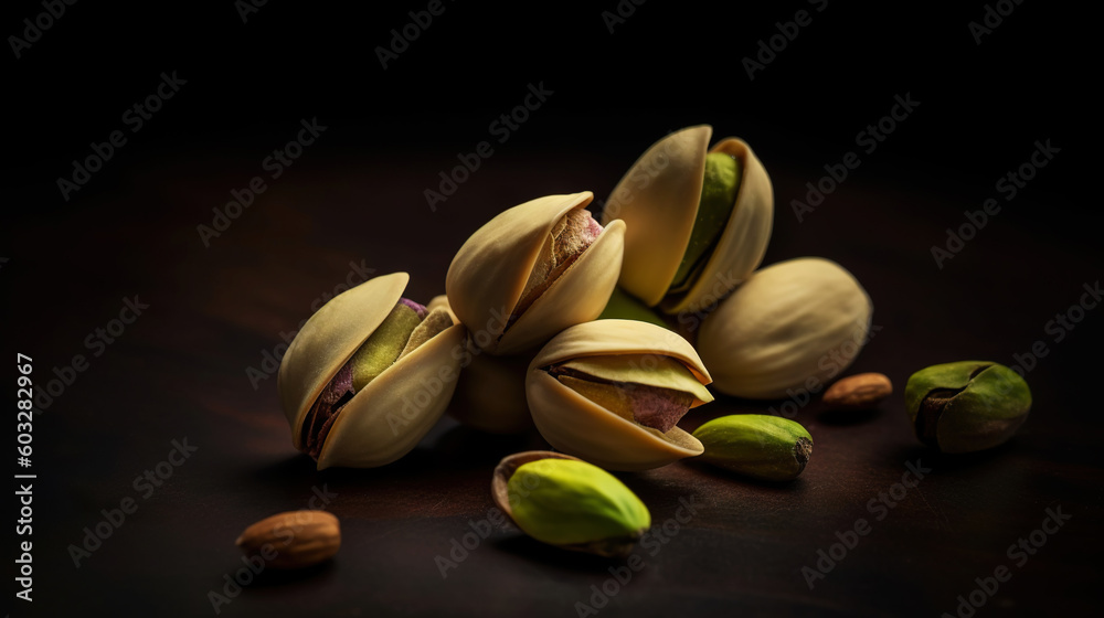 Pistachios on dark background. Nuts. Green fresh inshell pistachios. Generative AI