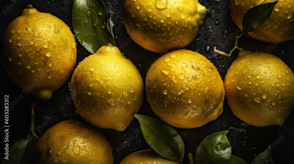 Fresh ripe lemons with water drops background. Fruits backdrop. Generative AI