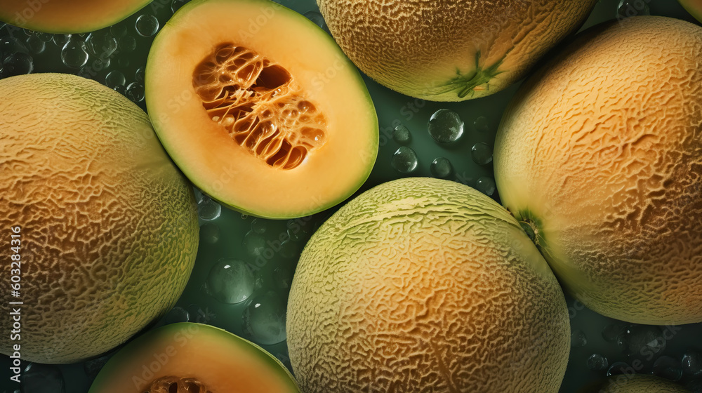 Fresh ripe cantaloupes with water drops background. Fruits backdrop. Generative AI