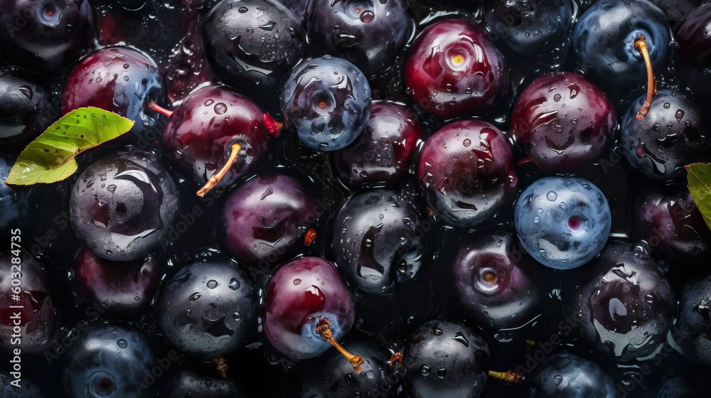 Fresh ripe huckleberry with water drops background. Berries backdrop. Generative AI