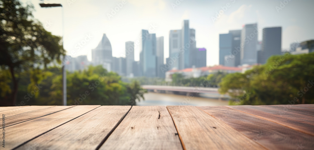 Wood table mockup with Singapore city street in shallow depth of field. Copy space for product. Gene