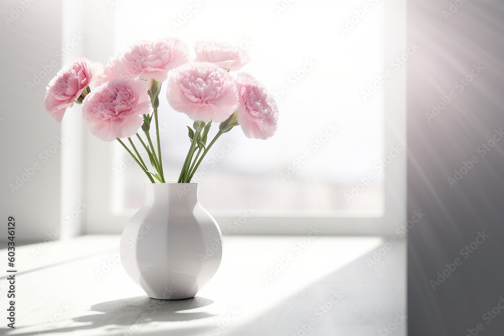 pink carnations in vase, created by a neural network, Generative AI technology