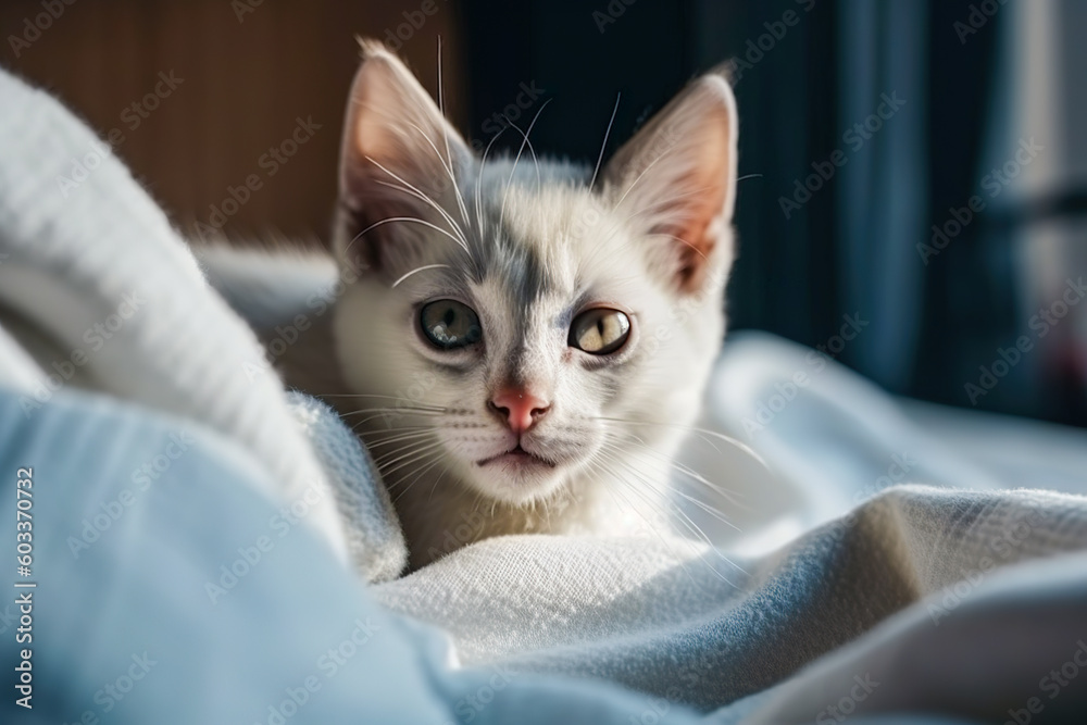 Striped Kitten Sleeping. Kitty Sleeping on a Fur White Blanket. Baby Cat Sleeping. Concept adorable 