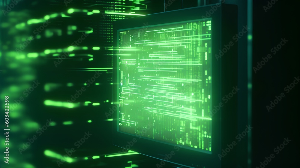 Computer screen illuminated by green abstract computing lights. Modern digital technology, symbolizi