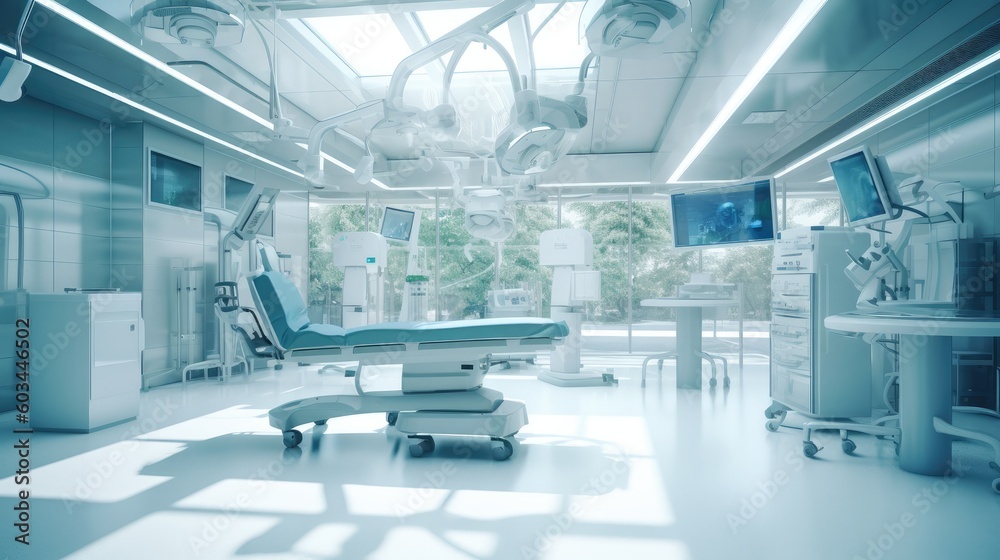 Hospital operating room with monitors and equipment,Interior of a surgery room in a hospital,AI gene