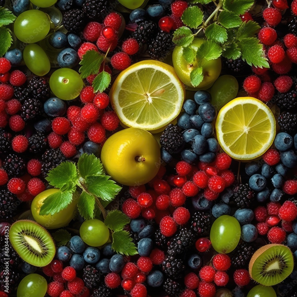 Fruit Backgrounds,Currant and berry, lemon and kiwi,AI generated.