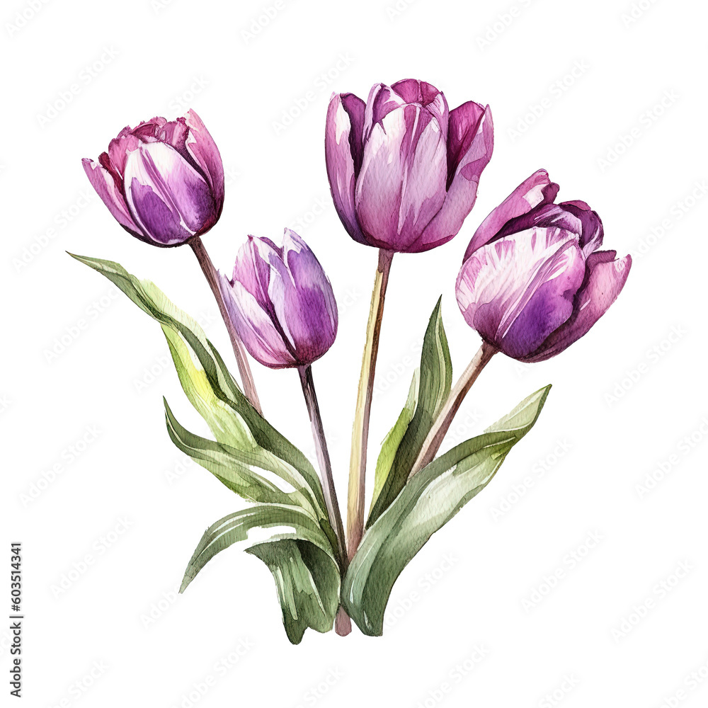 Violet watercolor tulips. Illustration AI Generative