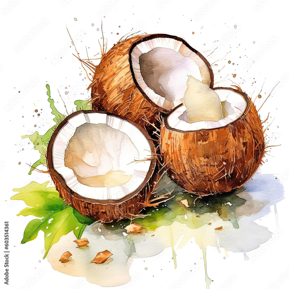 Watercolor open coconut Illustration AI Generative.