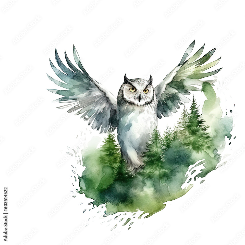 Green watercolor owl. Illustration AI Generative.