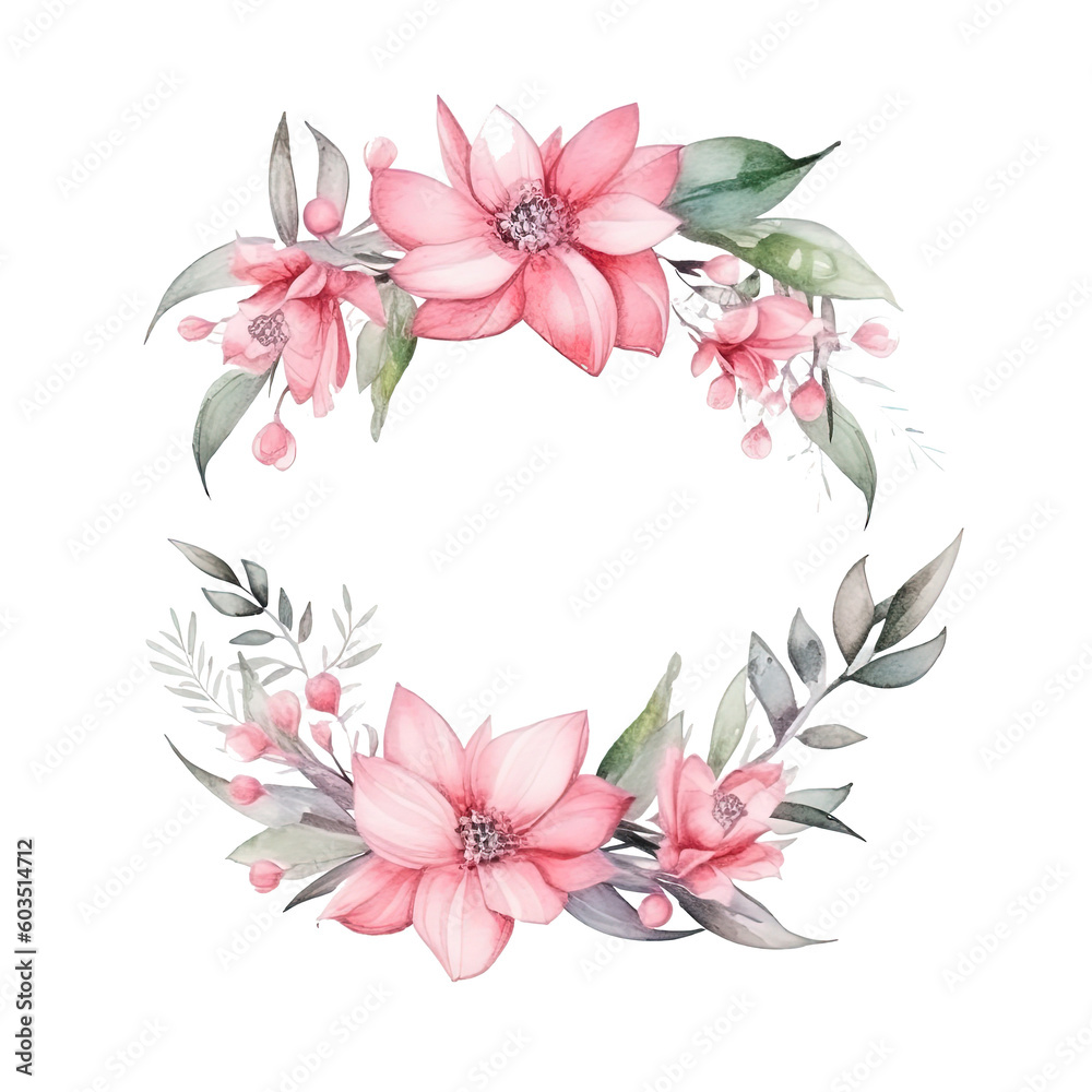 Watercolor floral wreath. Illustration AI Generative