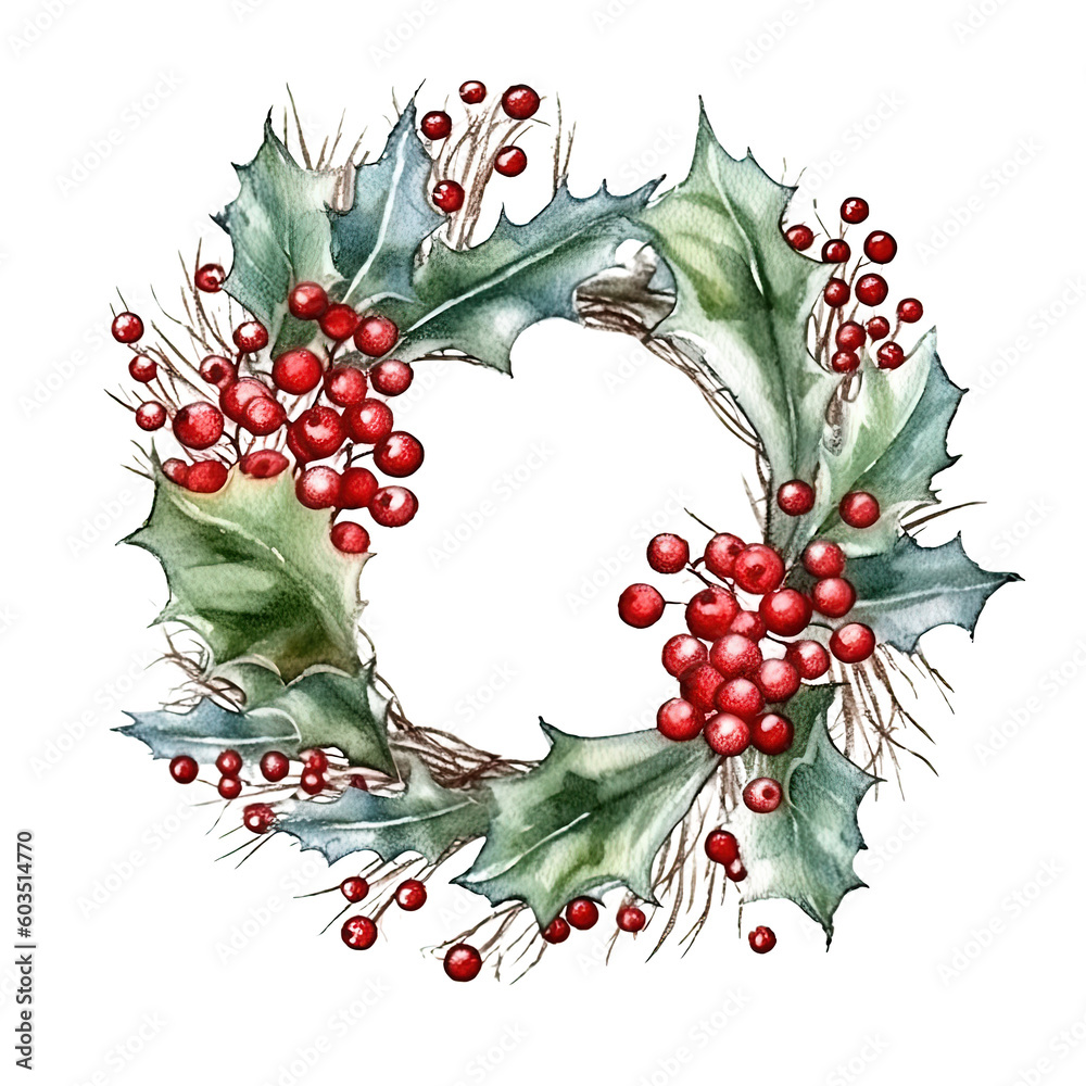 Merry Christmas wreath watercolor. Illustration AI Generative