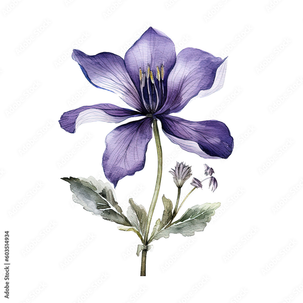 Violet watercolor flower. Illustration AI Generative.