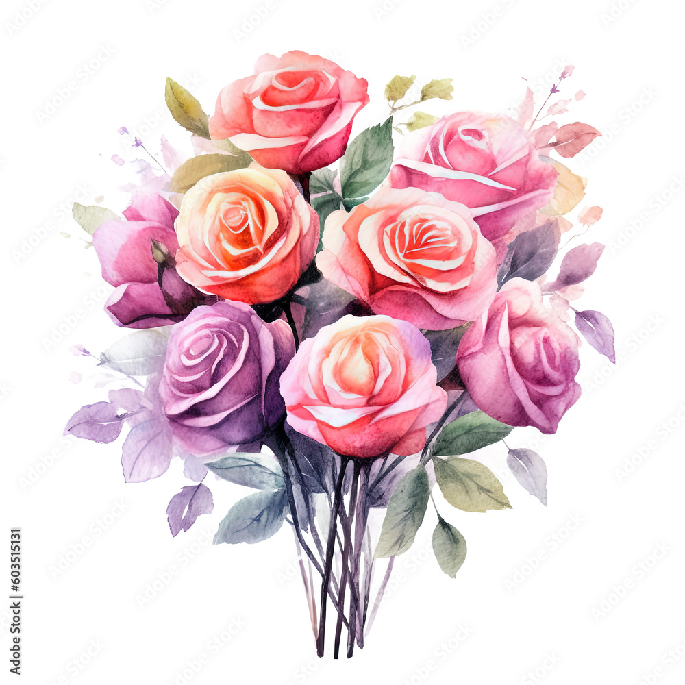 Rose watercolor bouquet. Illustration AI Generative