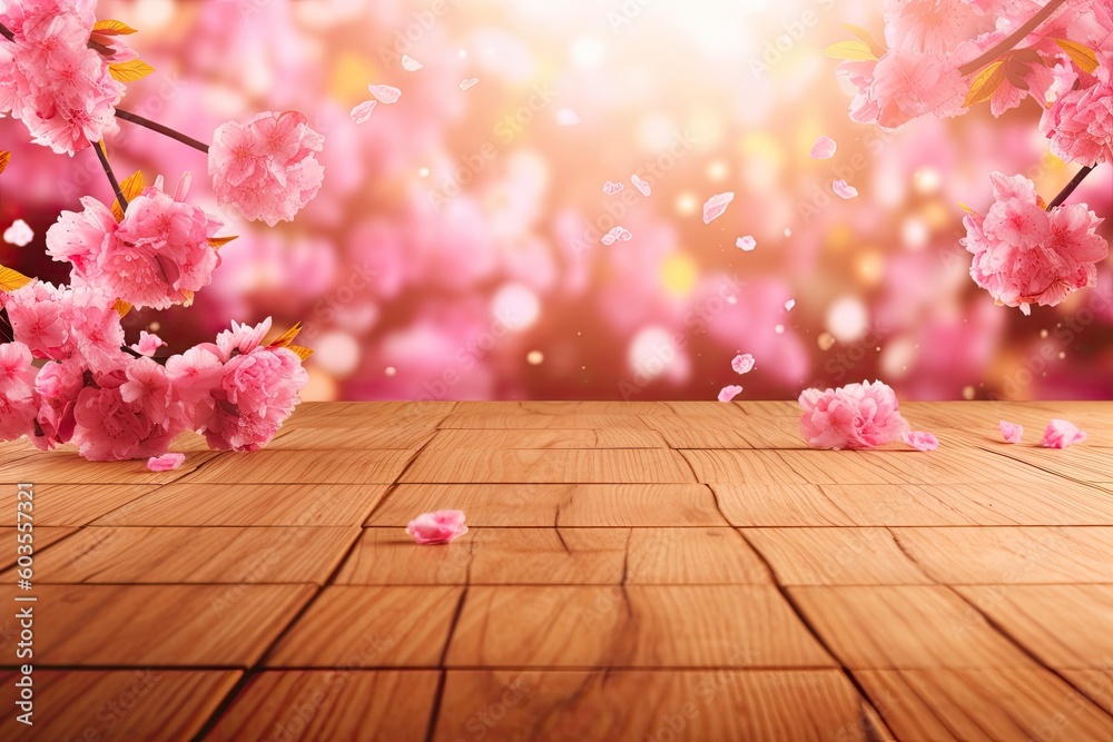 wooden table decorated with a bouquet of pink flowers Generative AI