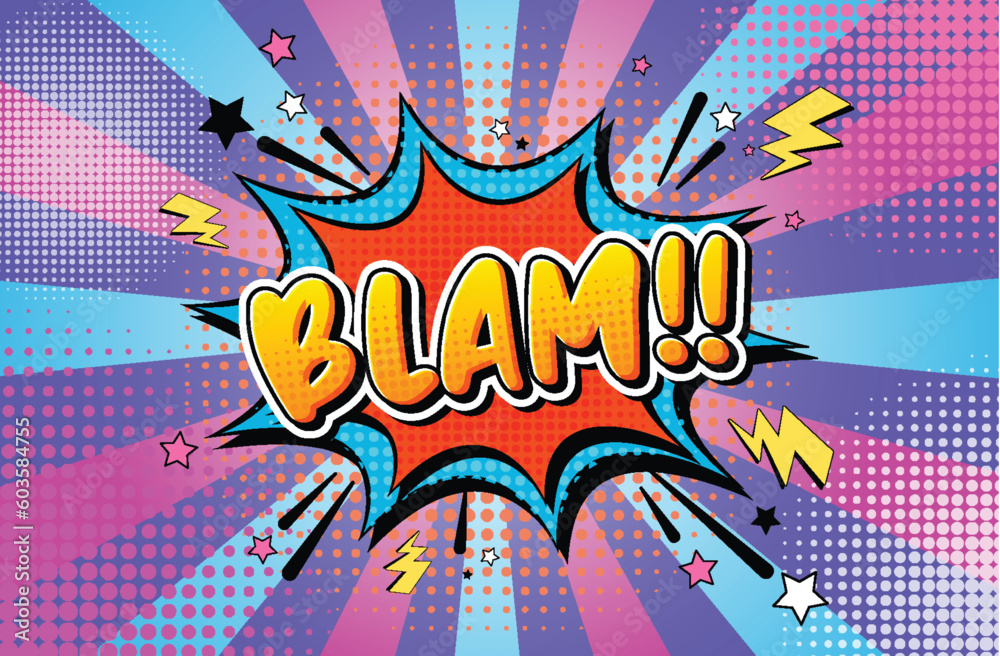 Blam retro comic speech bubble and effect in pop art style