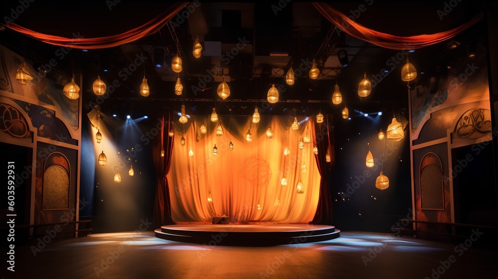 Theater stage setup complete with theatrical lighting. The dramatic atmosphere, attention to detail,