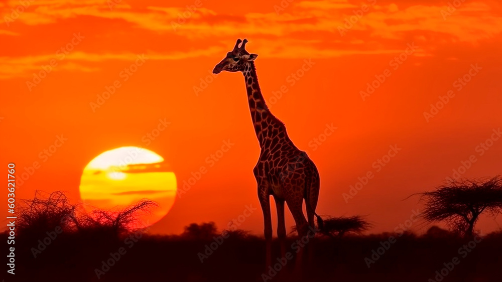 Silhouette of giraffe at sunset in the savannah. Generative AI.