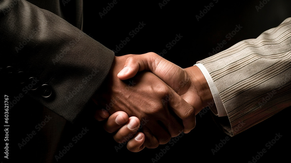 Handshake of two businessmen on a black background. Close-up. Generative AI