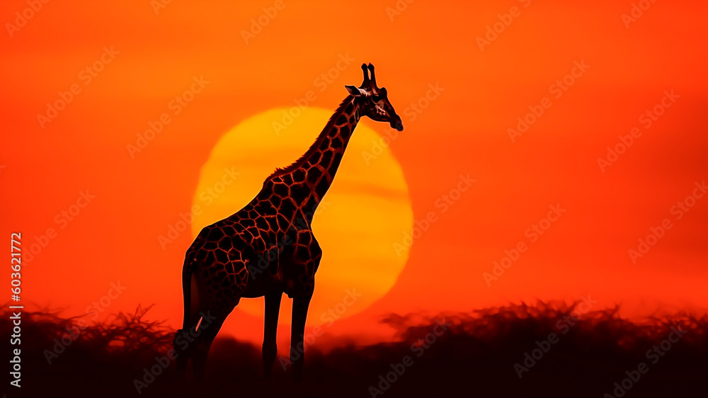 Silhouette of giraffe at sunset in the savannah. Generative AI.