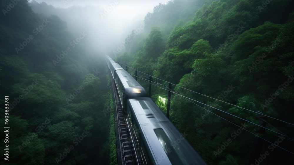 Speed passenger train moving in the mist mountains covered with forest. Generative AI