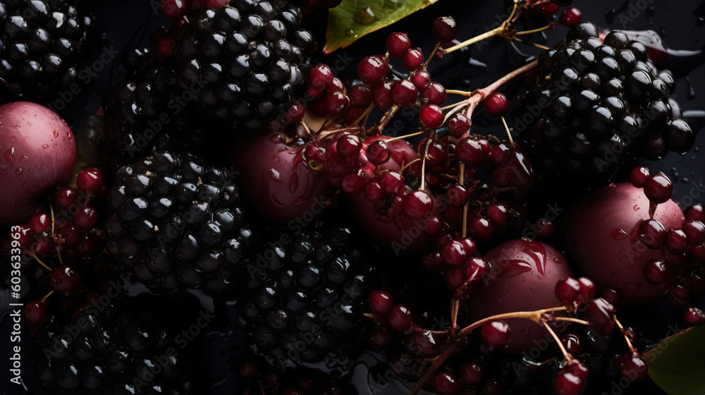 Fresh ripe elderberry with water drops background. Berries backdrop. Generative AI