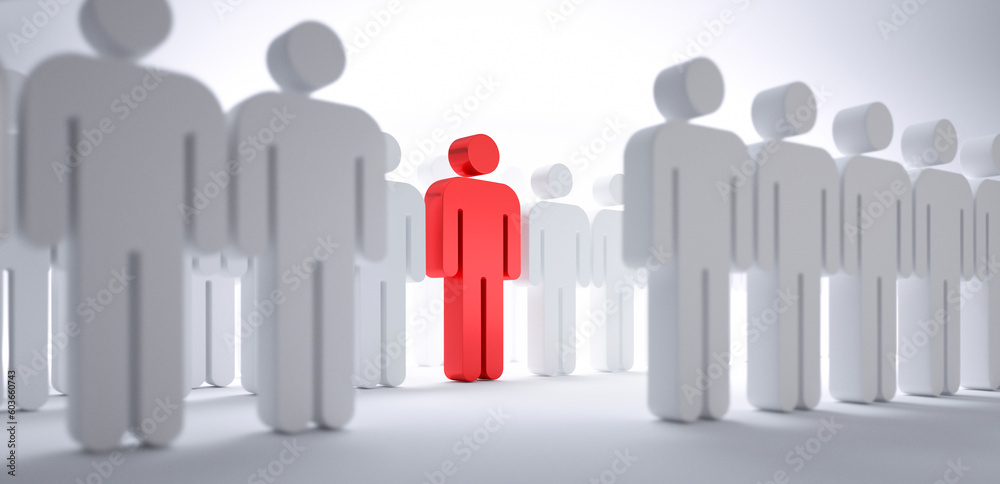 Red individual in the white crowd - concept of leadership and excellence - 3D illustration