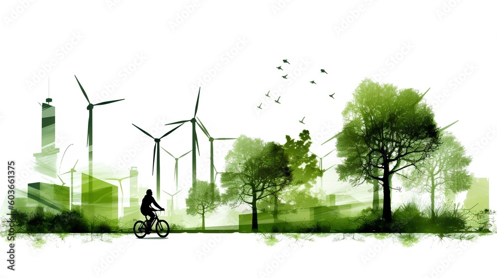 Sustainable development concept, sketch isolated on a white background. The urban buildings, park tr