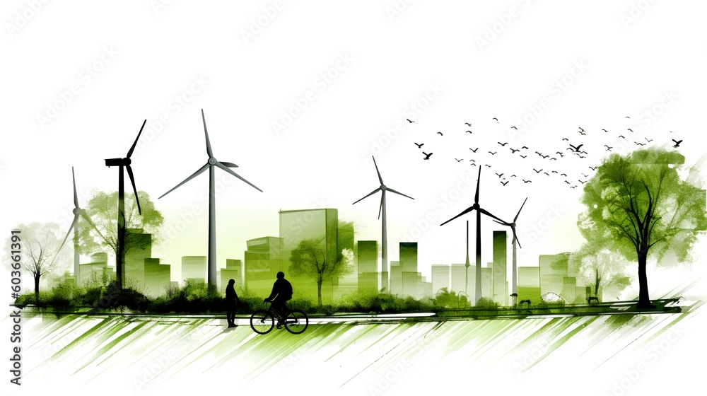 Sustainable development concept, sketch isolated on a white background. The urban buildings, park tr