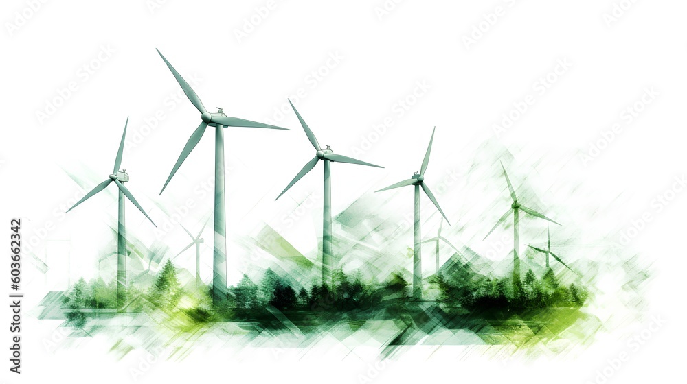 Green energy concept through a sketch of wind turbines, isolated on a white background with green co