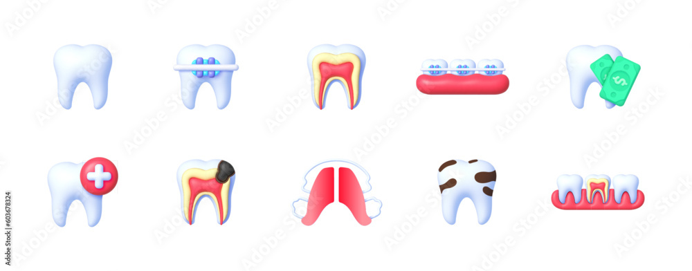 3D dentistry icons for medical design. Dentistry icons in realistic style. Medical protection icons.