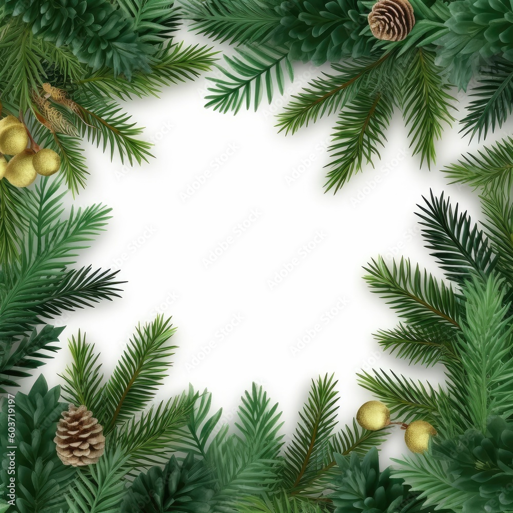 Top view of tree branches red berries and pine cones, Christmas ornaments with copy space on white b