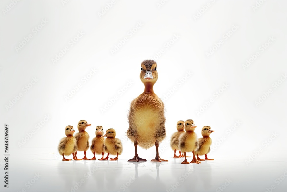 Duck with little ducklings on white background,AI generated.